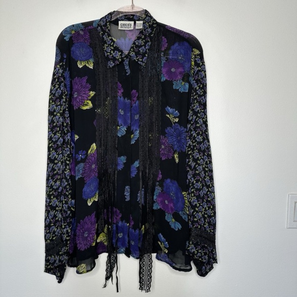 Chicos Chiffon Tunic Top Size M Black Lace Floral Sheer Vintage